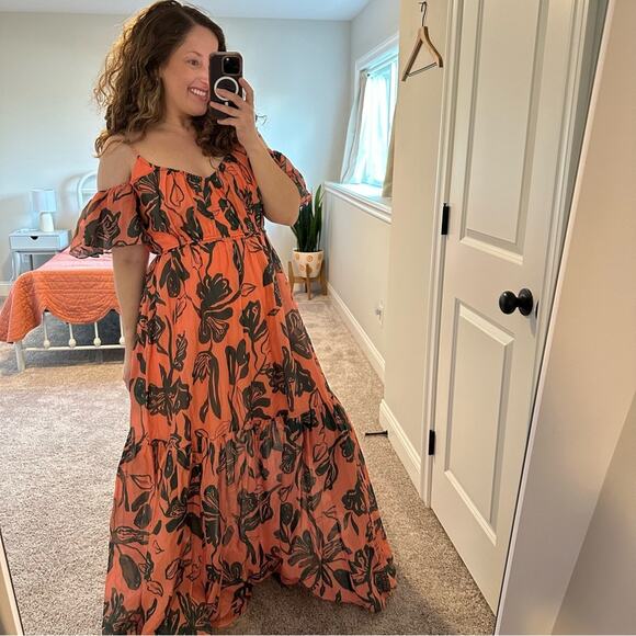 Tanya Taylor Pink Green Leaf Silk Cotton Maxi Dress 4 - Picture 3 of 16